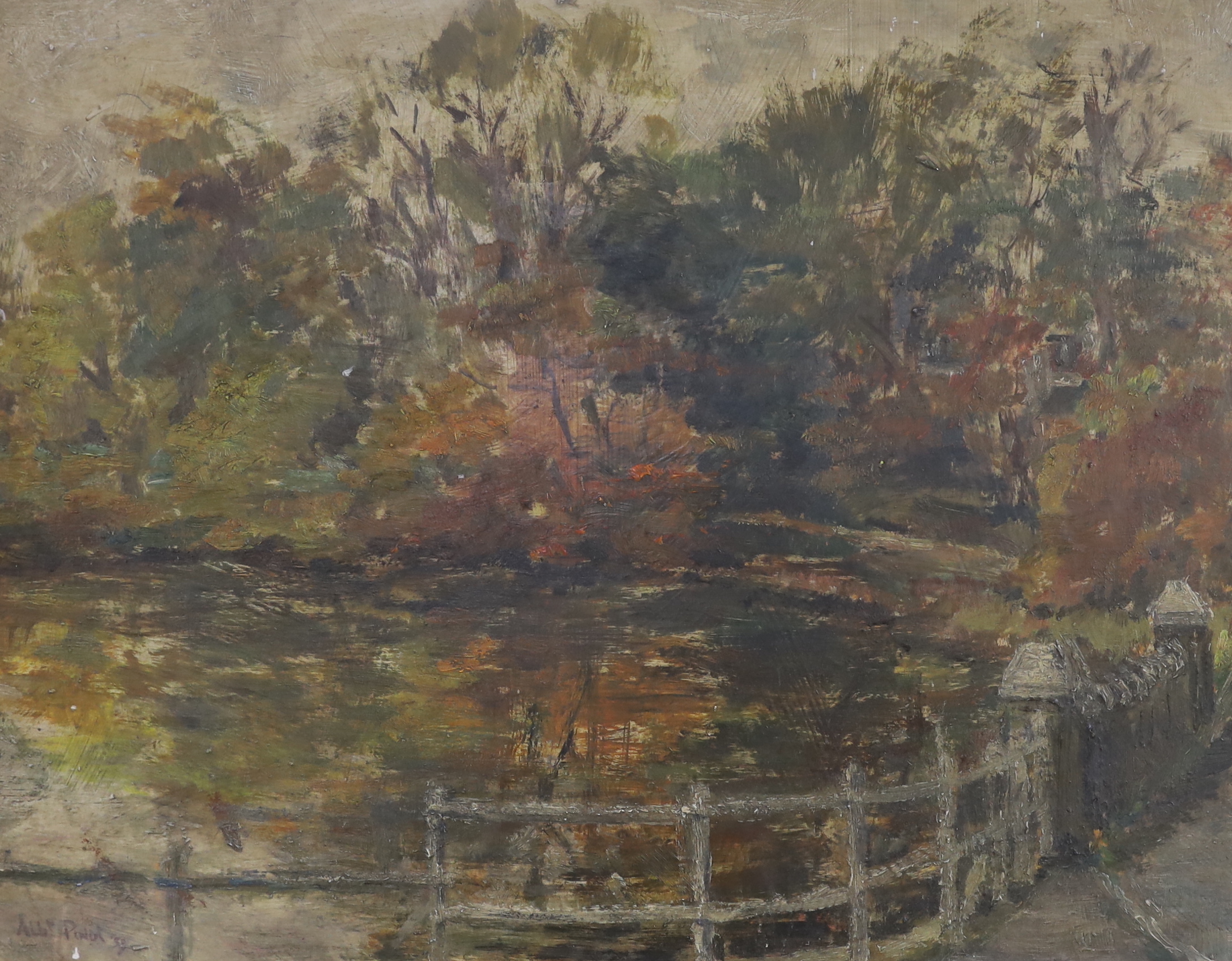 Albert Pinot (1875-1962), oil on board, Lake scene, signed and dated '58, 35 x 45cm, unframed